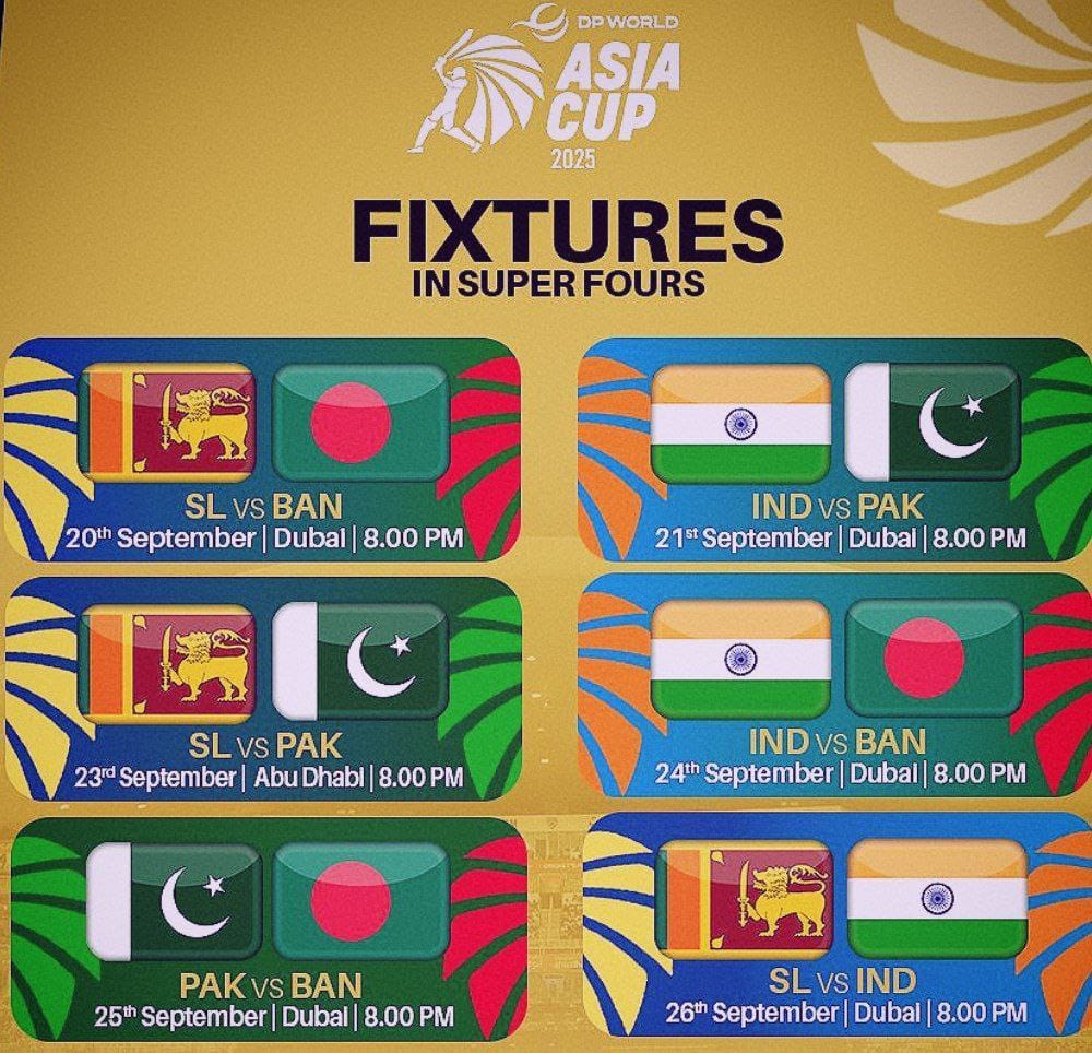 Asia Cup 2025 Super Four schedule and fixtures